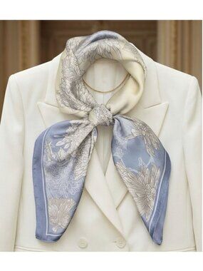 ✨Elegant Silky Scarf Blue Beige Floral Leaf Botanical Square Vintage Print Wrap✨
